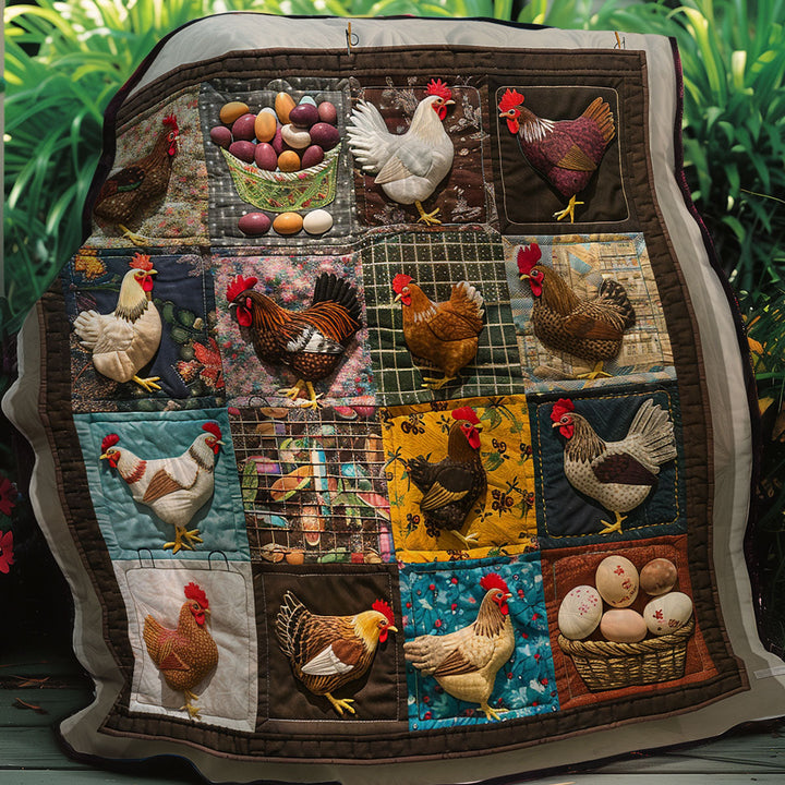 Patchwork-Steppdecke mit Hühnern und Eiern