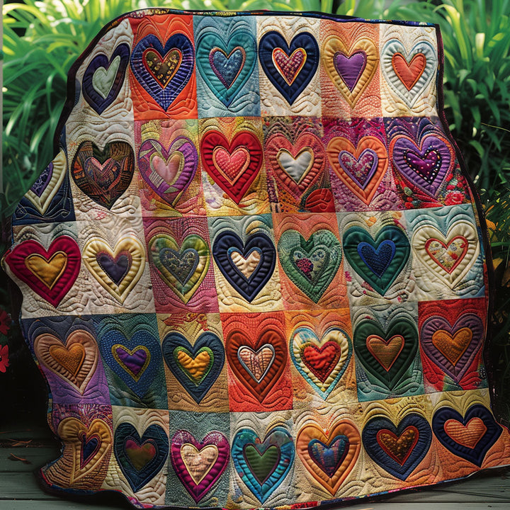 Patchwork-Steppdecke mit bunten Herzen