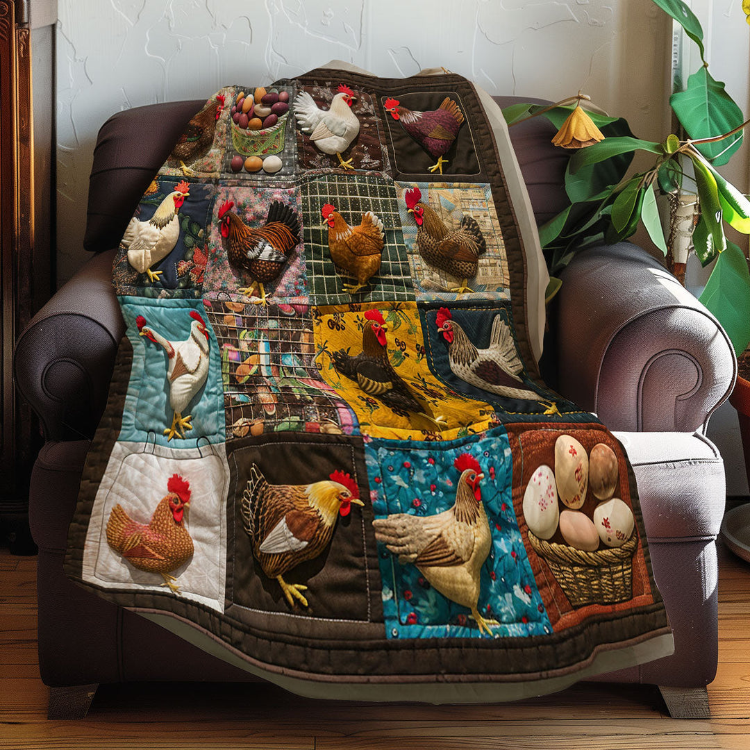 Patchwork-Steppdecke mit Hühnern und Eiern