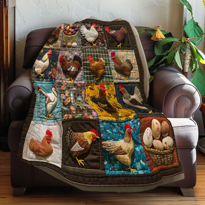 Patchwork-Steppdecke mit Hühnern und Eiern