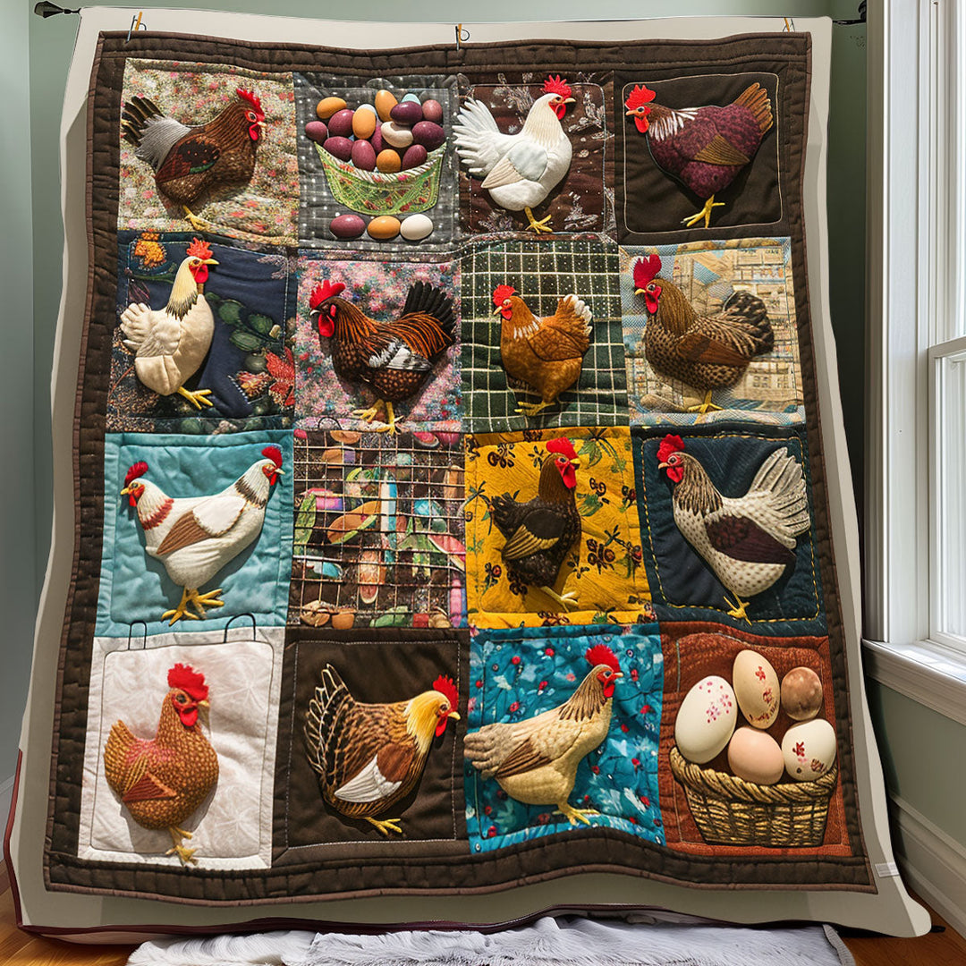 Patchwork-Steppdecke mit Hühnern und Eiern