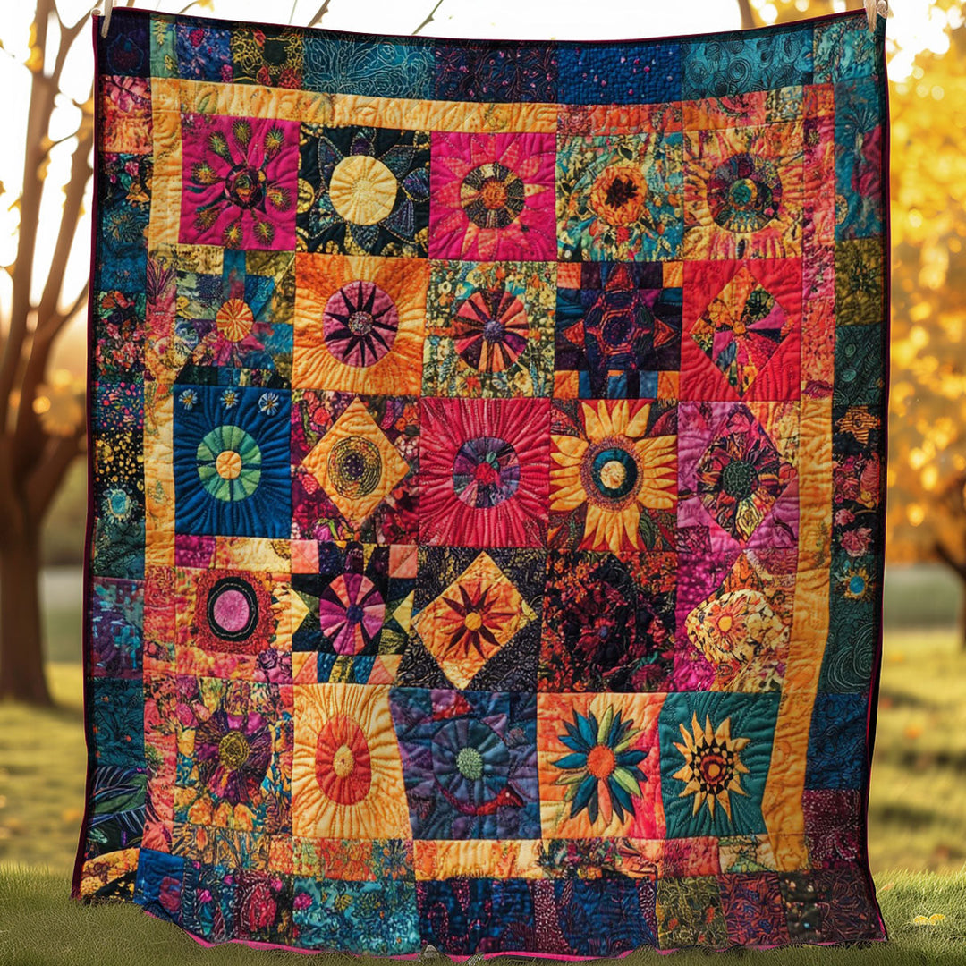 Boho-Patchwork-Steppdecke mit Blütensternen