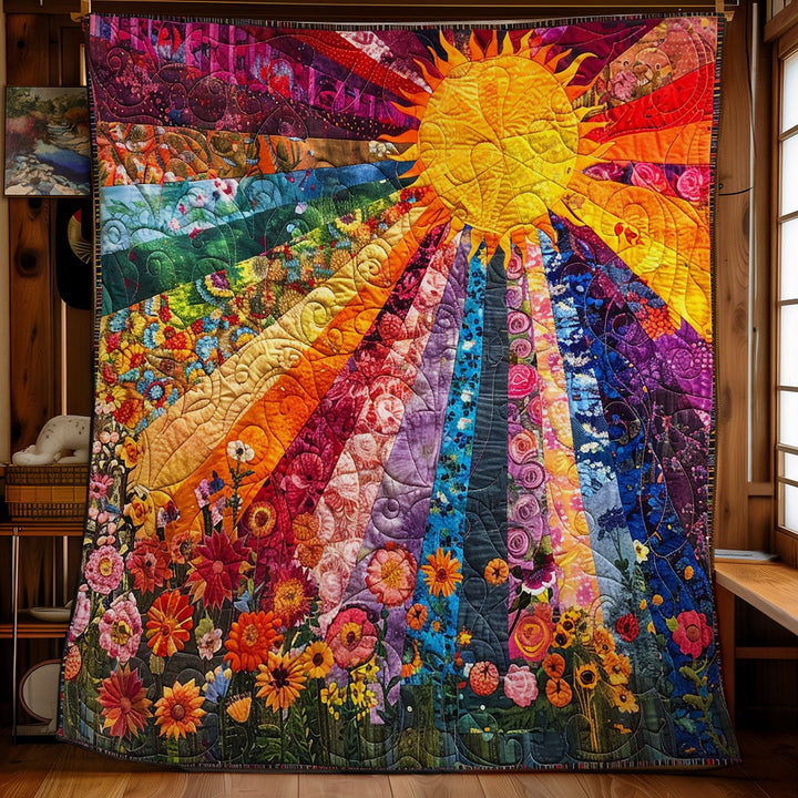 Steppdecke mit Sonnenstrahlen in Regenbogenfarben