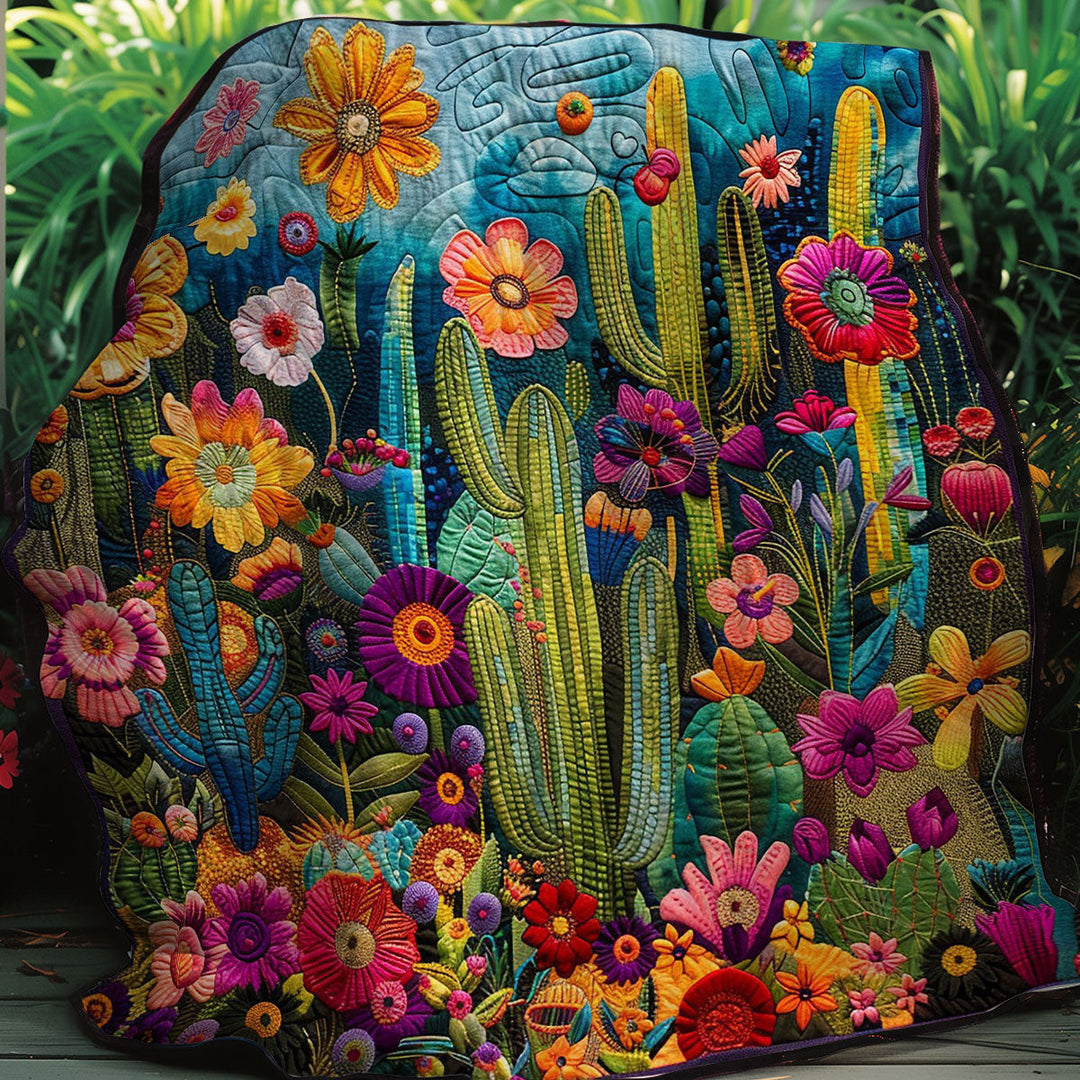 Steppdecke mit Kakteen und Blüten