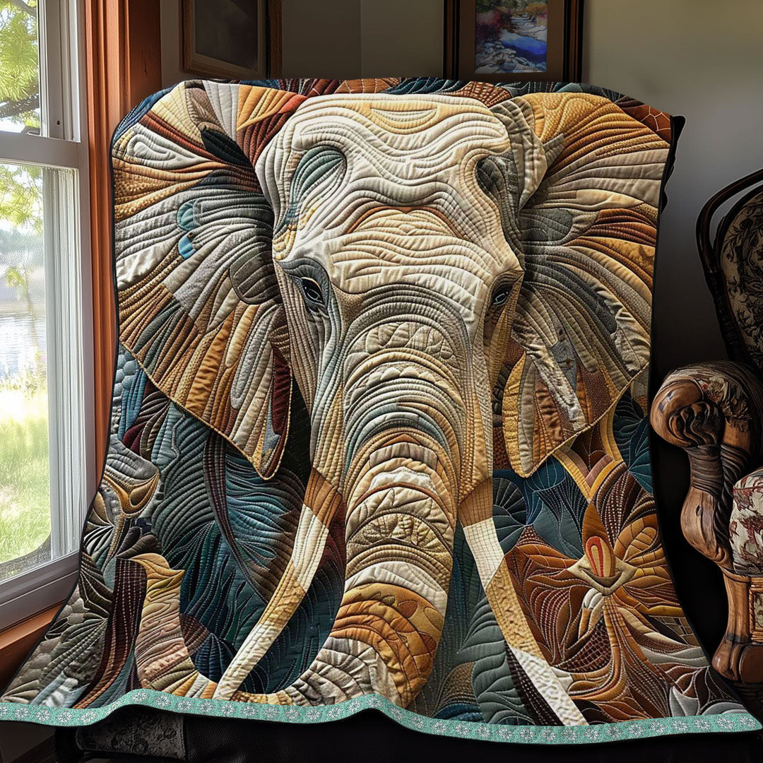 Steppdecke mit Elefant in Gold und Blau