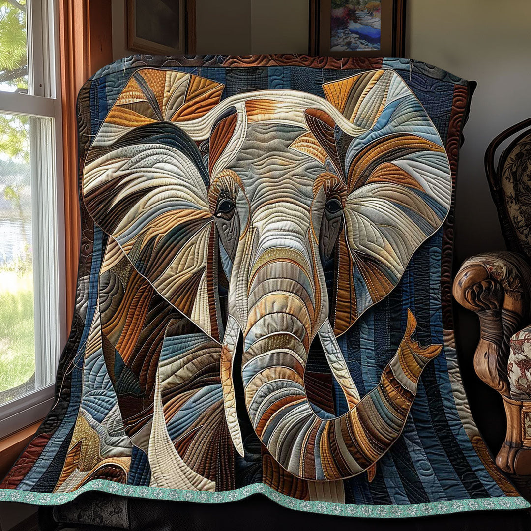 Steppdecke mit Elefant in Blau und Bronze