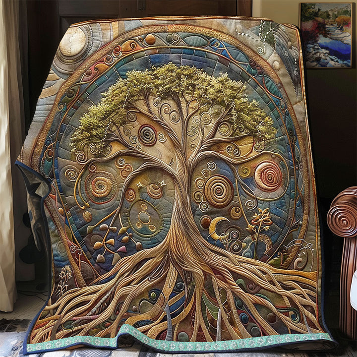 Steppdecke mit Lebensbaum in Gold und Blau
