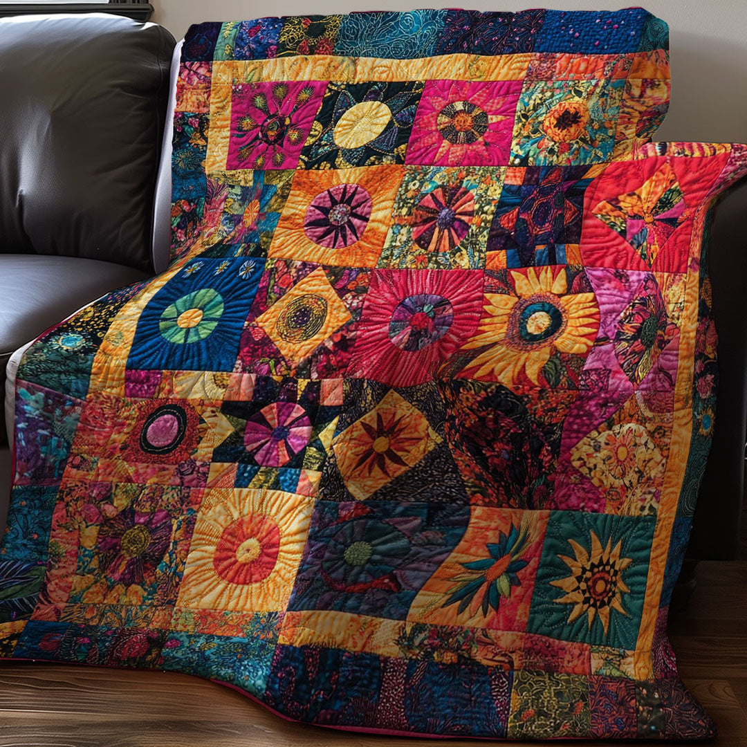 Boho-Patchwork-Steppdecke mit Blütensternen