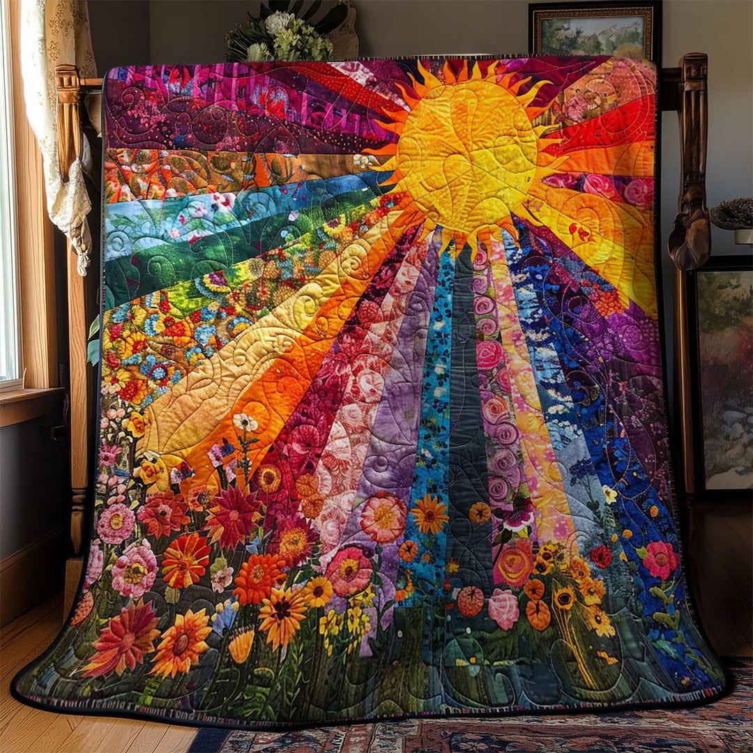 Steppdecke mit Sonnenstrahlen in Regenbogenfarben