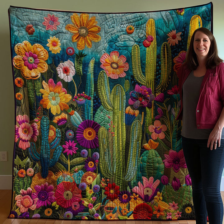 Steppdecke mit Kakteen und Blüten