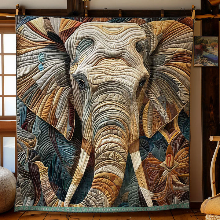 Steppdecke mit Elefant in Gold und Blau