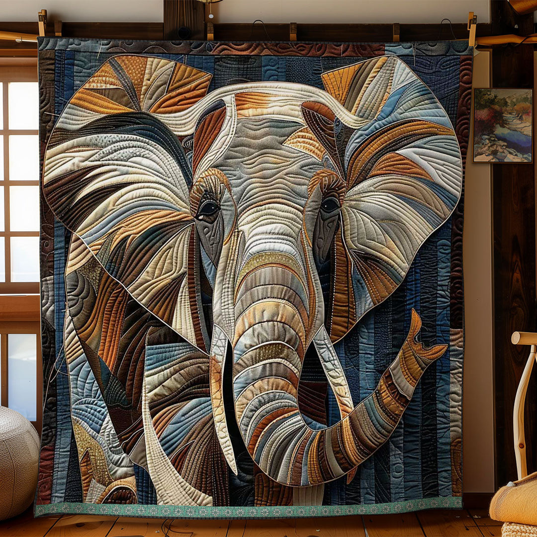 Steppdecke mit Elefant in Blau und Bronze