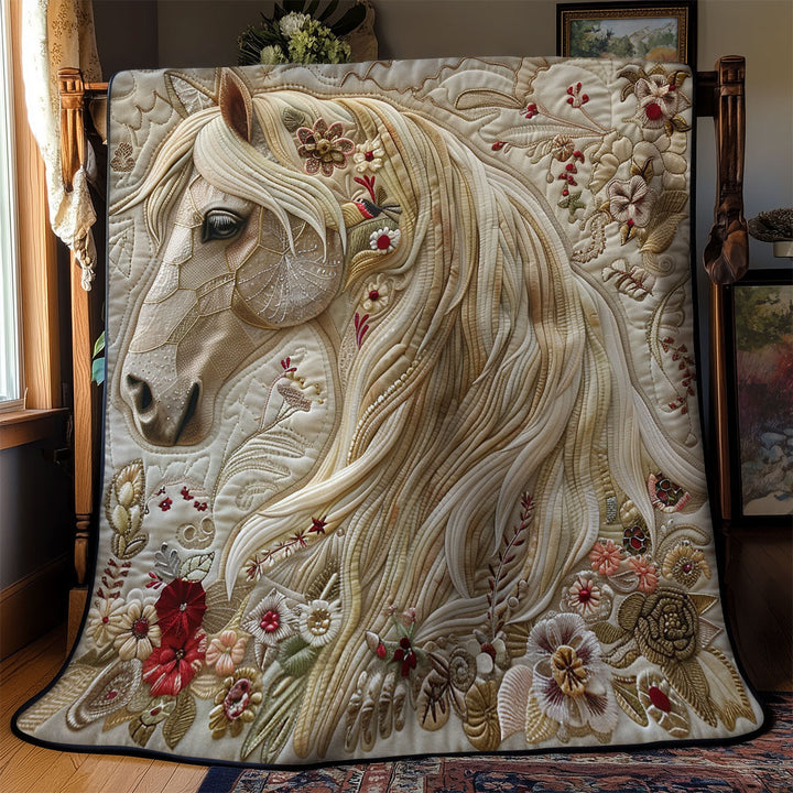 Steppdecke mit weißem Pferd und Blüten