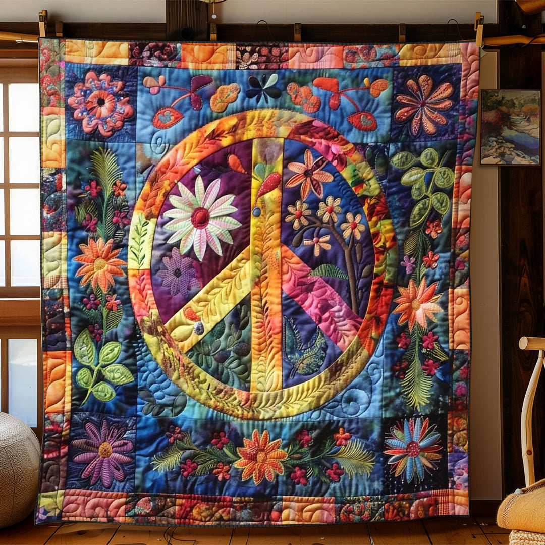 Steppdecke mit Peace-Zeichen im Blütenmeer