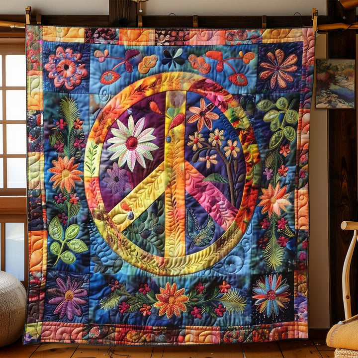 Steppdecke mit Peace-Zeichen im Blütenmeer