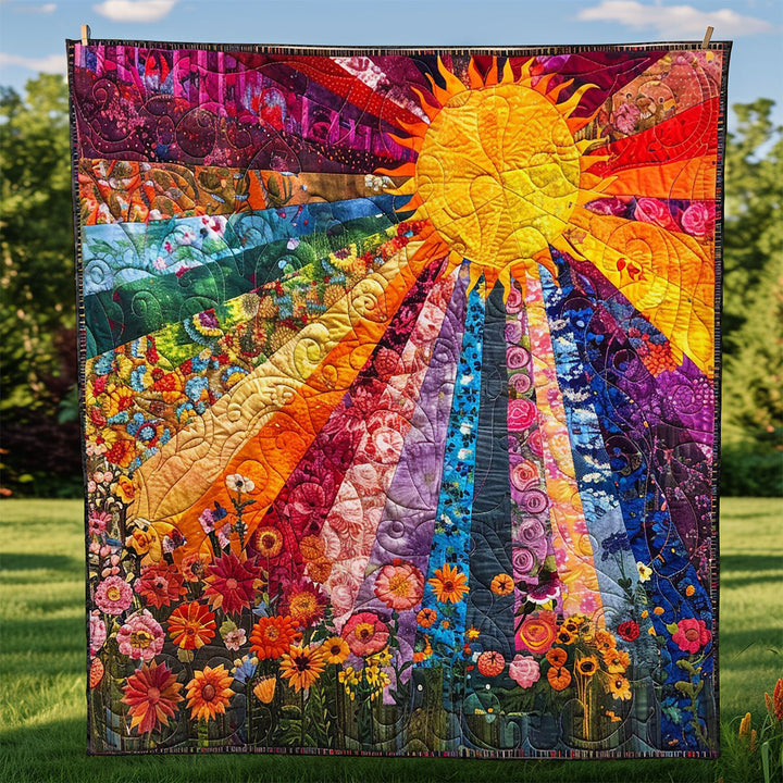 Steppdecke mit Sonnenstrahlen in Regenbogenfarben