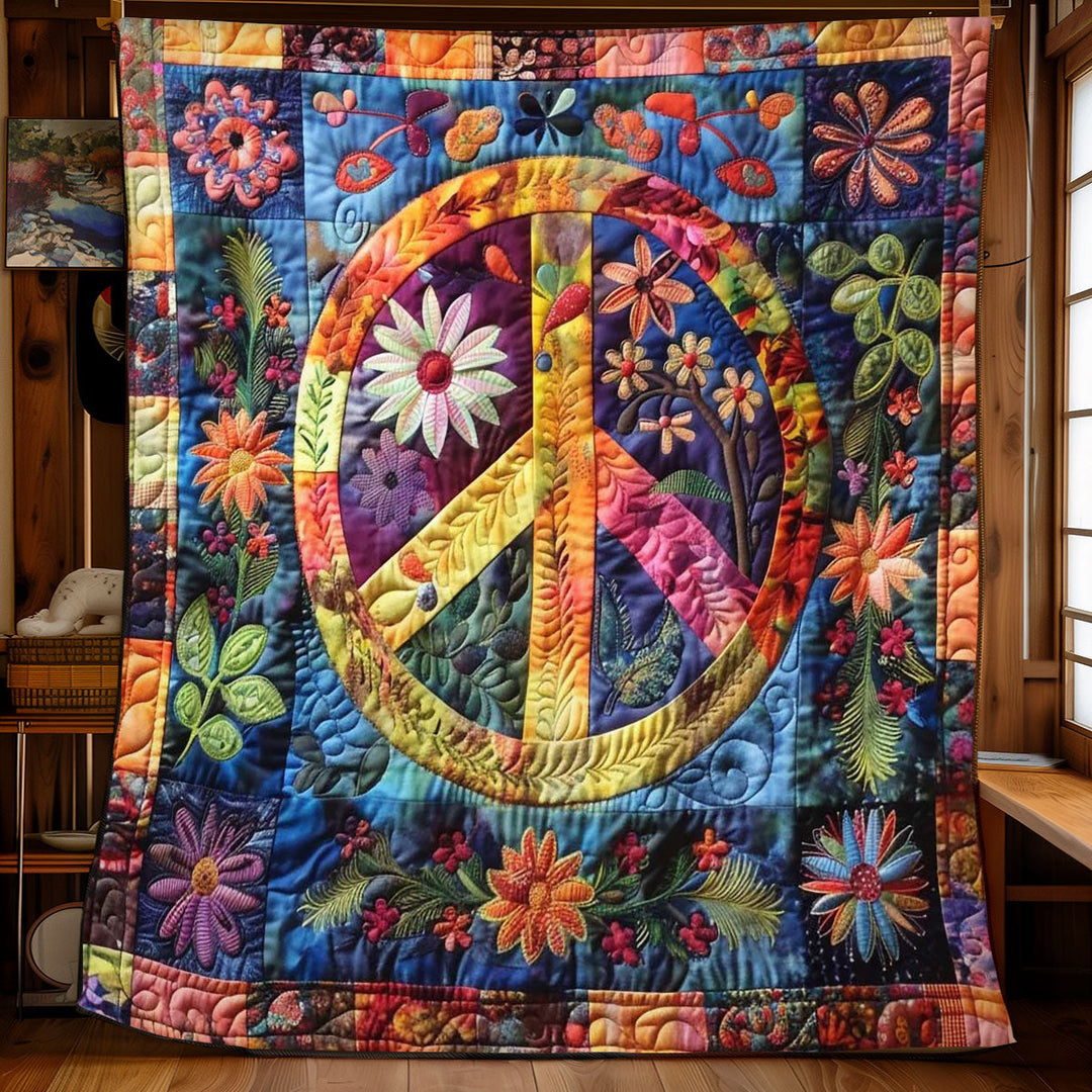 Steppdecke mit Peace-Zeichen im Blütenmeer