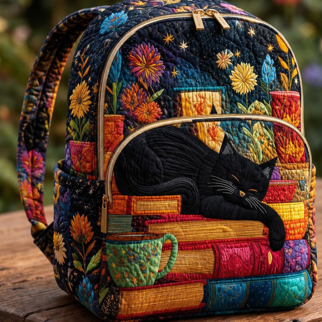 Gesteppter Rucksack – Schwarze Katze auf Büchern