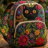 Gesteppter Rucksack – Schwarze Katze und Wildblumen