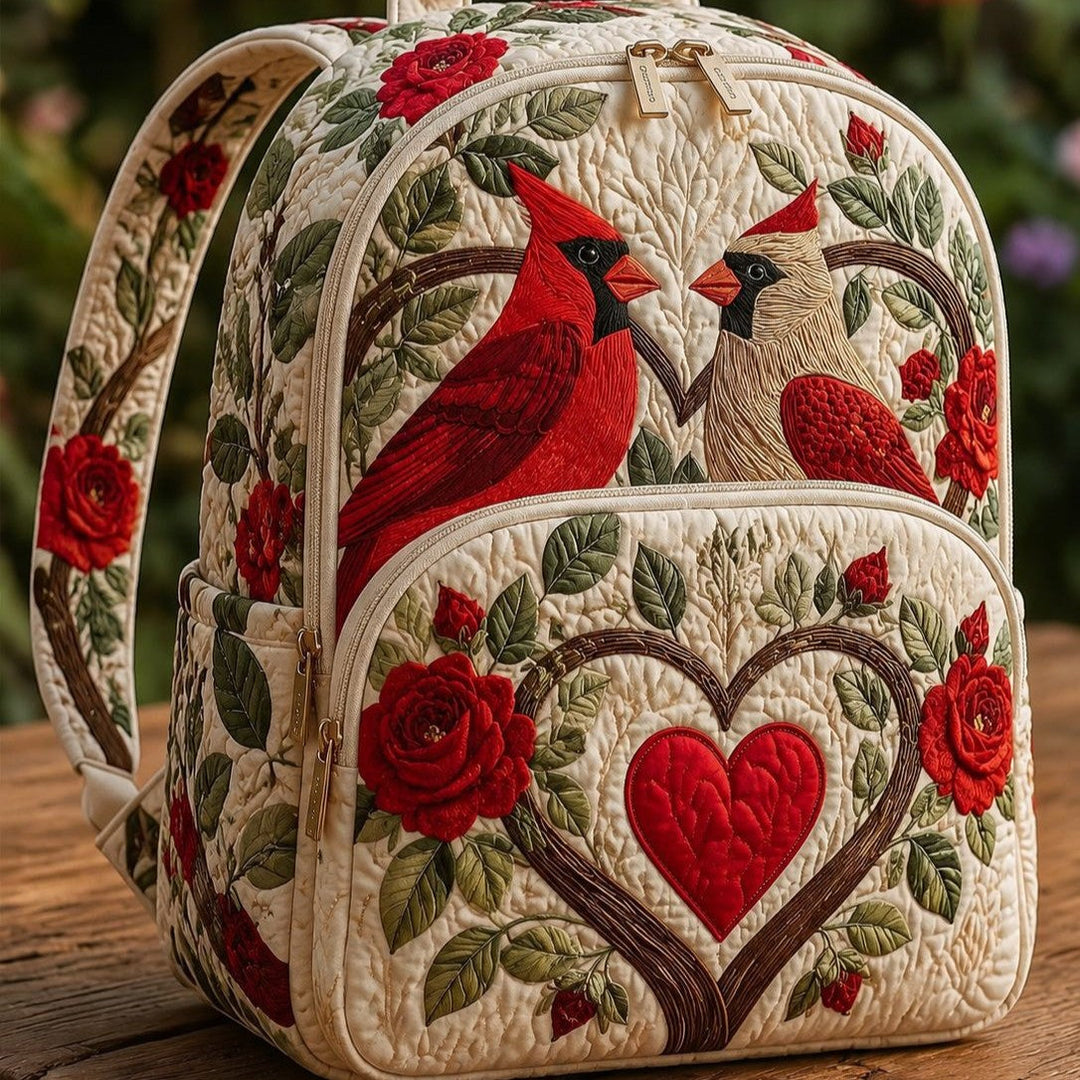 Gesteppter Rucksack – Rote Vögel und Rosen