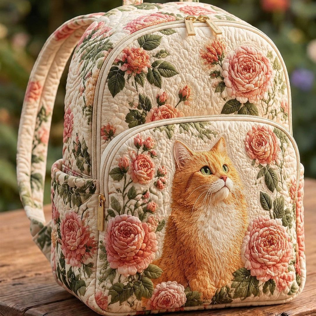 Gesteppter Rucksack – Rote Katze und Rosen