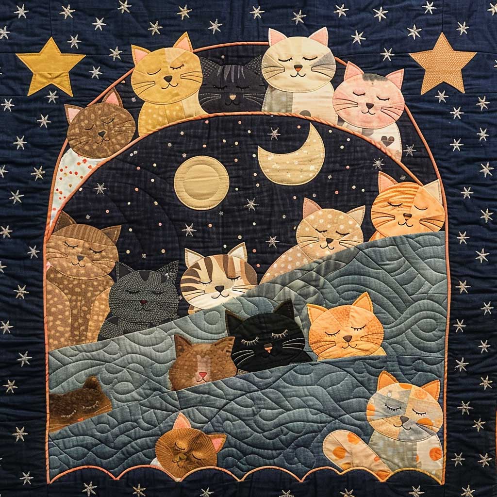 Steppdecke mit Katzen unter dem Mond