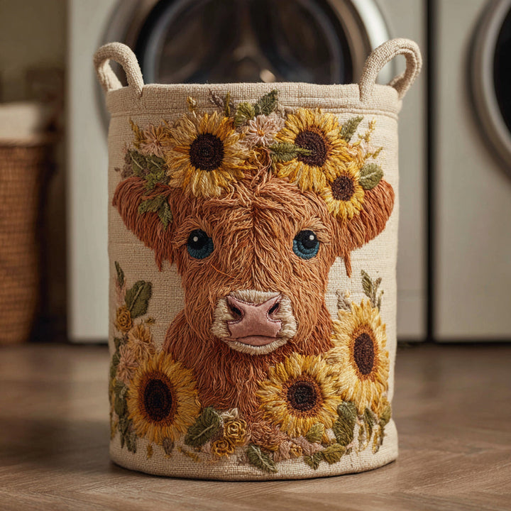 Gesteppter Wäschekorb – mit Highland-Kuh und Blumen