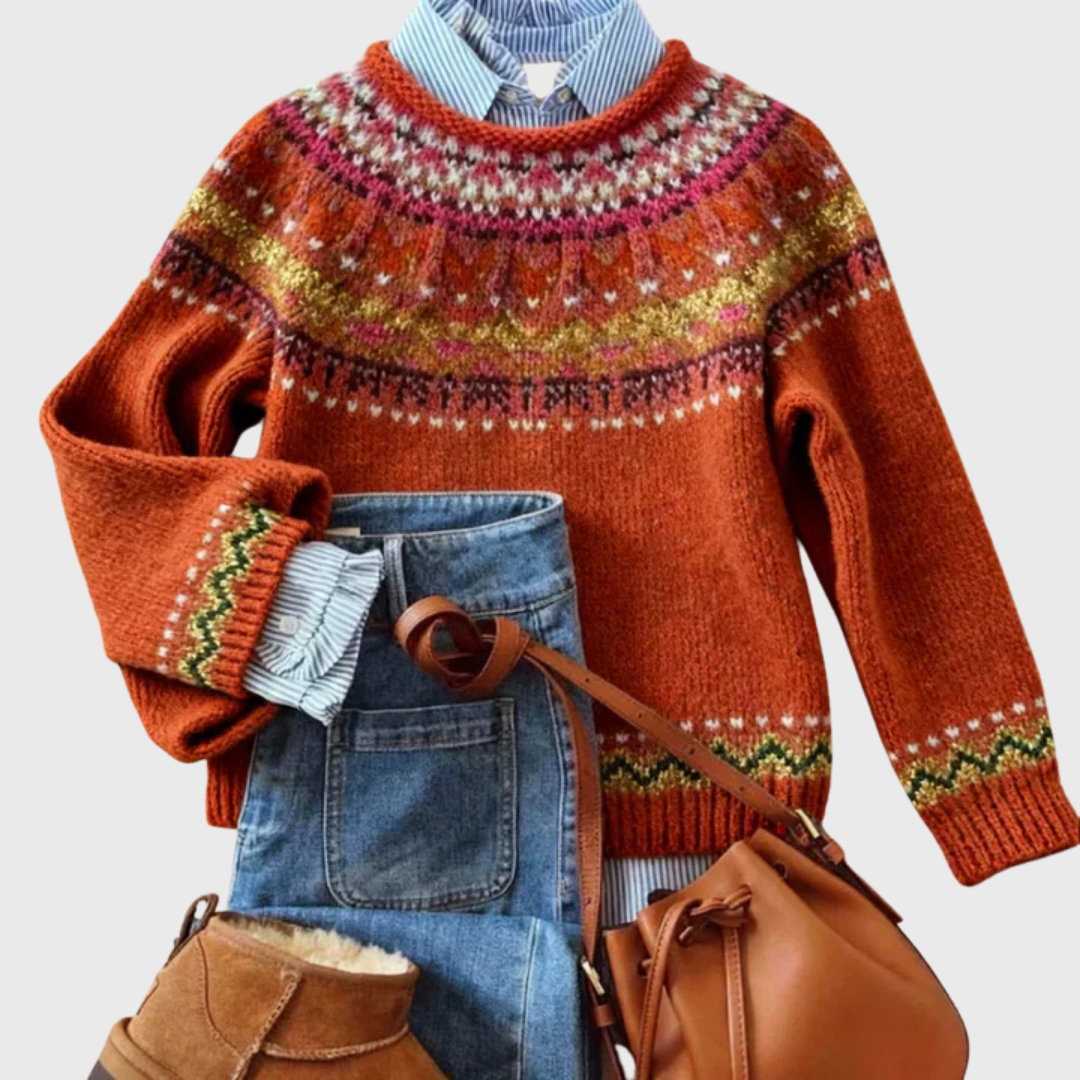 Das Simone | Vintage Rot Rost Pullover mit Norwegischem Muster