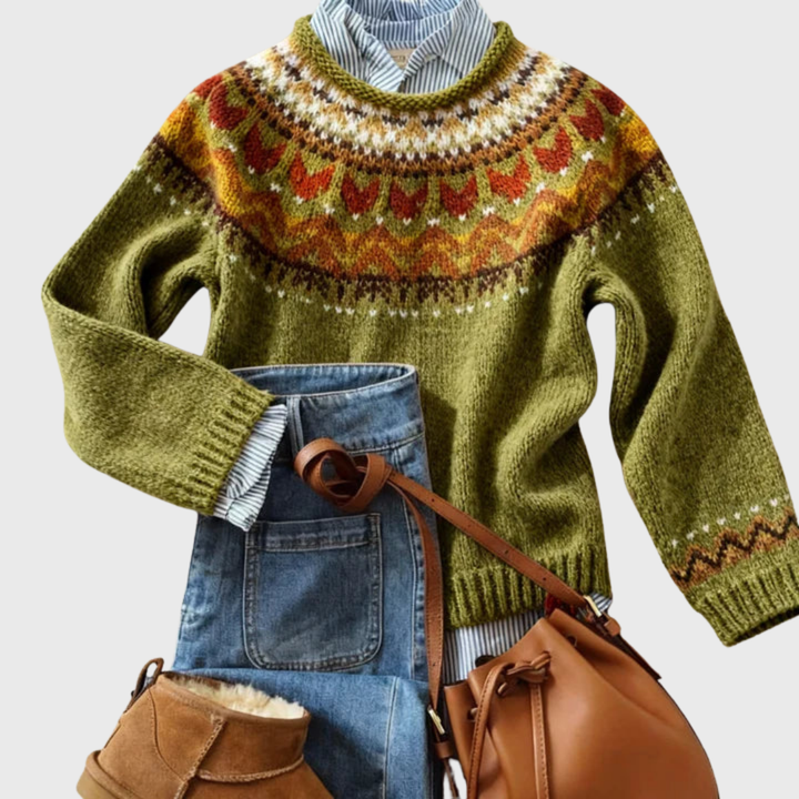 L'Adriana | Olivgrüner Vintage-Pullover mit norwegischem Muster