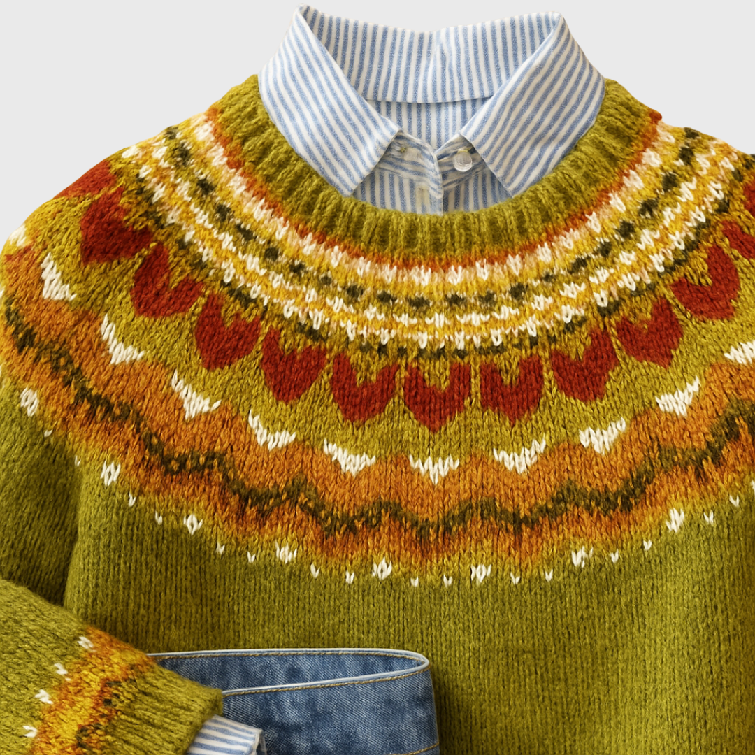 L'Adriana | Olivgrüner Vintage-Pullover mit norwegischem Muster