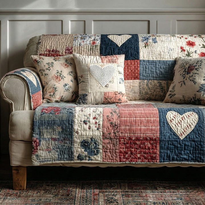 Gesteppter Sofaüberwurf mit Vintage-Blumenherzen
