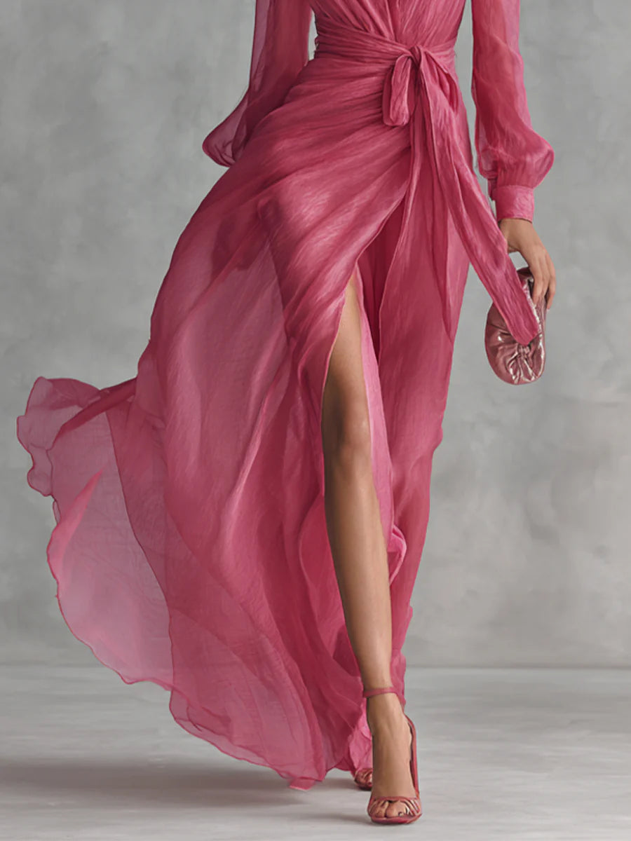 Lea | Elegantes Chiffon-Maxikleid mit V-Ausschnitt und Bindegürtel