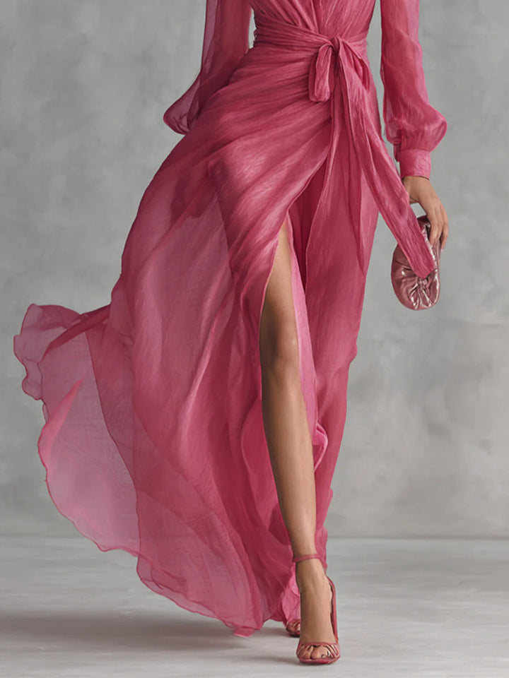 Lea | Elegantes Chiffon-Maxikleid mit V-Ausschnitt und Bindegürtel