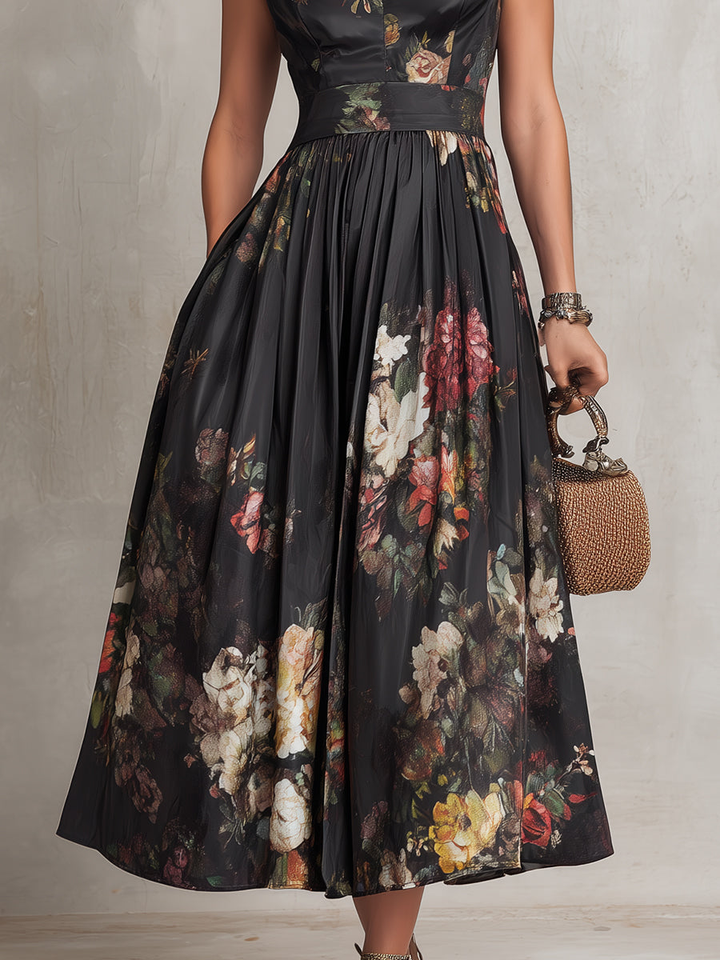 Greta | Schwarzes Satin-Midikleid mit plissiertem Blumenmuster