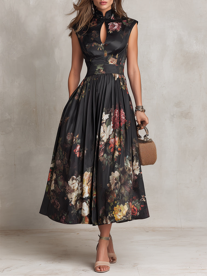 Greta | Schwarzes Satin-Midikleid mit plissiertem Blumenmuster