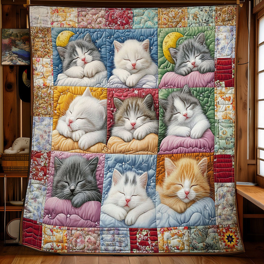 Patchwork-Steppdecke mit schlafenden Kätzchen auf Kissen