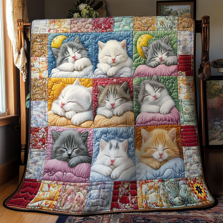 Patchwork-Steppdecke mit schlafenden Kätzchen auf Kissen
