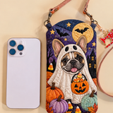 Schmale gesteppte Handy-Umhängetasche – Mops im Gespensterkostüm zu Halloween