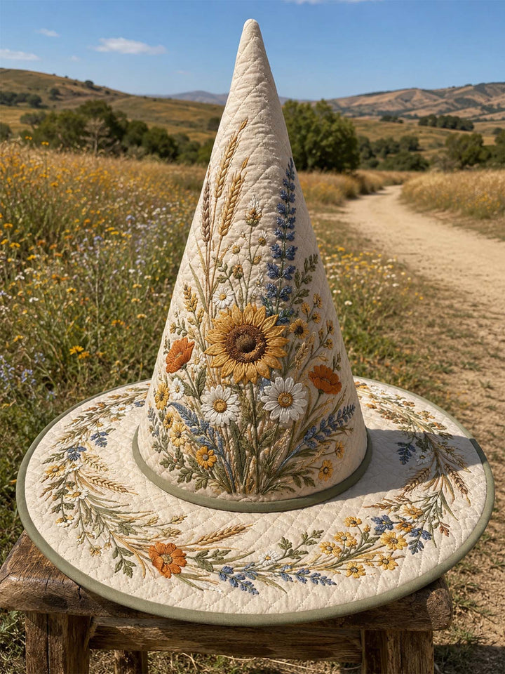 Handgefertigter gesteppter Hexenhut – Gestickte Wildblumen und Sonnenblumen