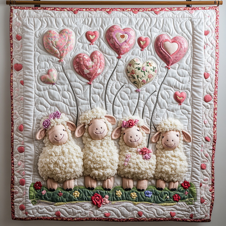 Steppdecke mit Schafen und Herzballons
