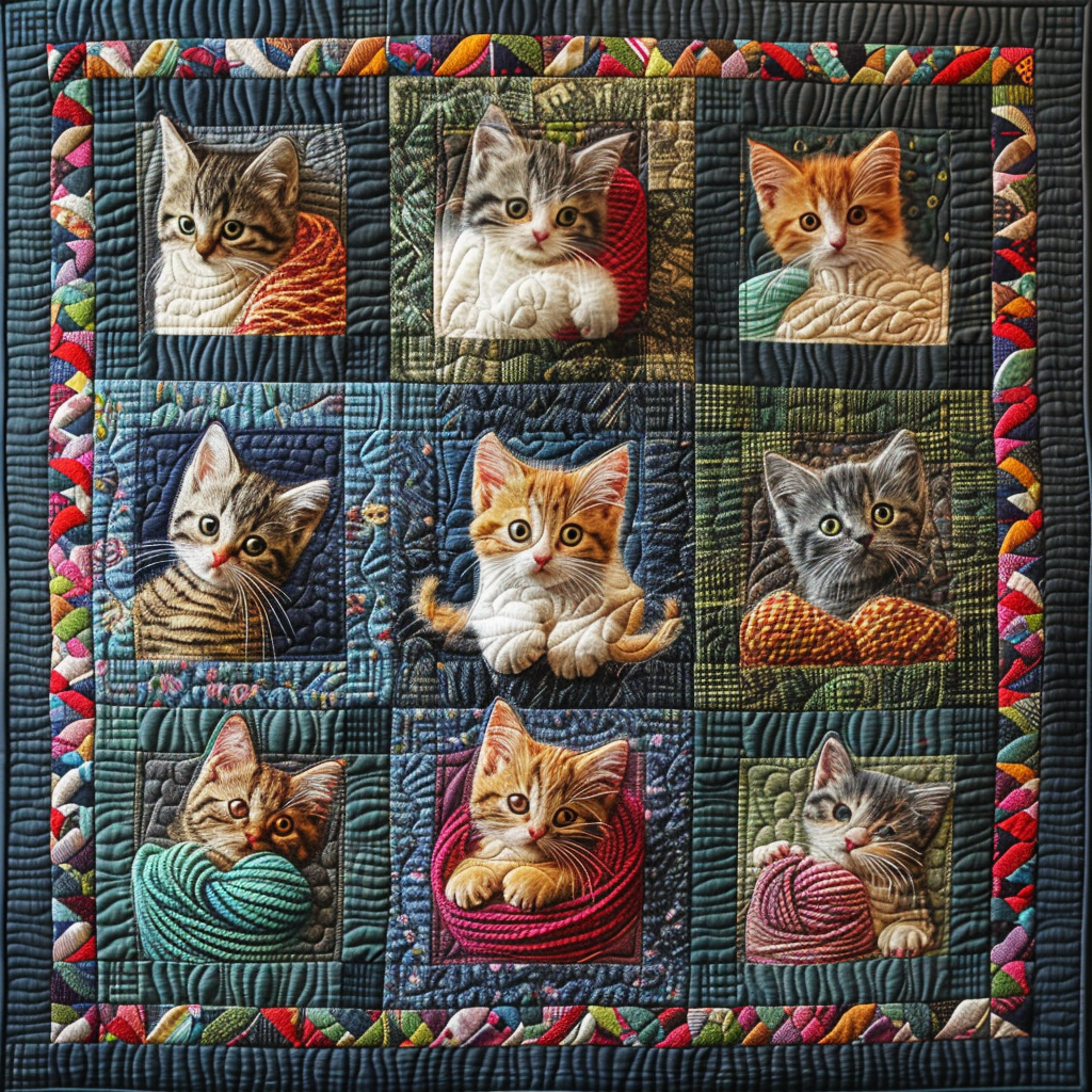 Patchwork-Steppdecke mit Kätzchen und Wolle
