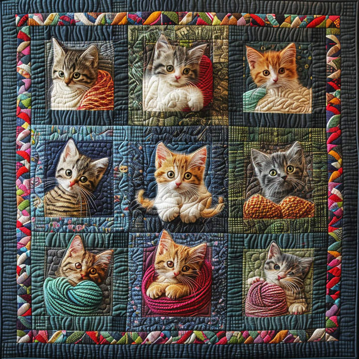 Patchwork-Steppdecke mit Kätzchen und Wolle