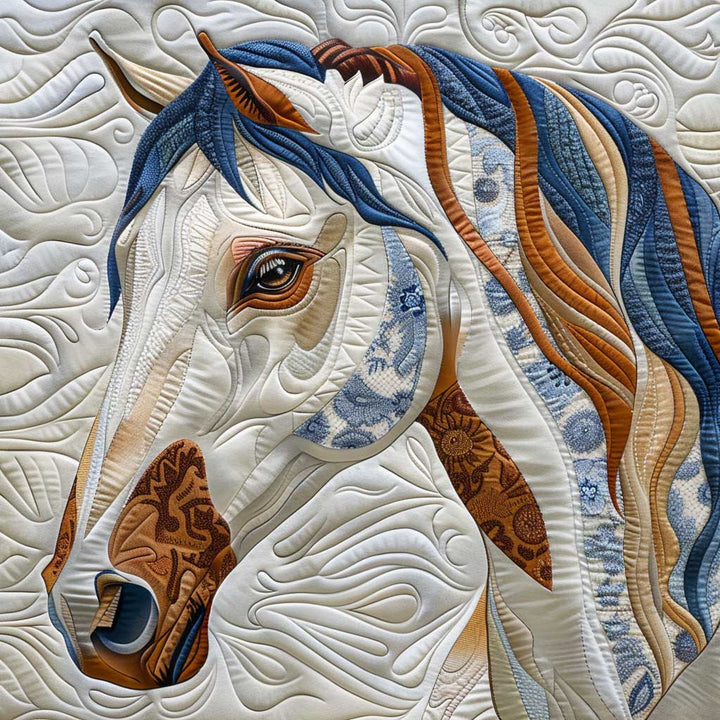 Steppdecke mit Pferd in Blau und Braun