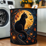 Gesteppter Wäschekorb – Schwarze Katze unter dem Halloween-Vollmond