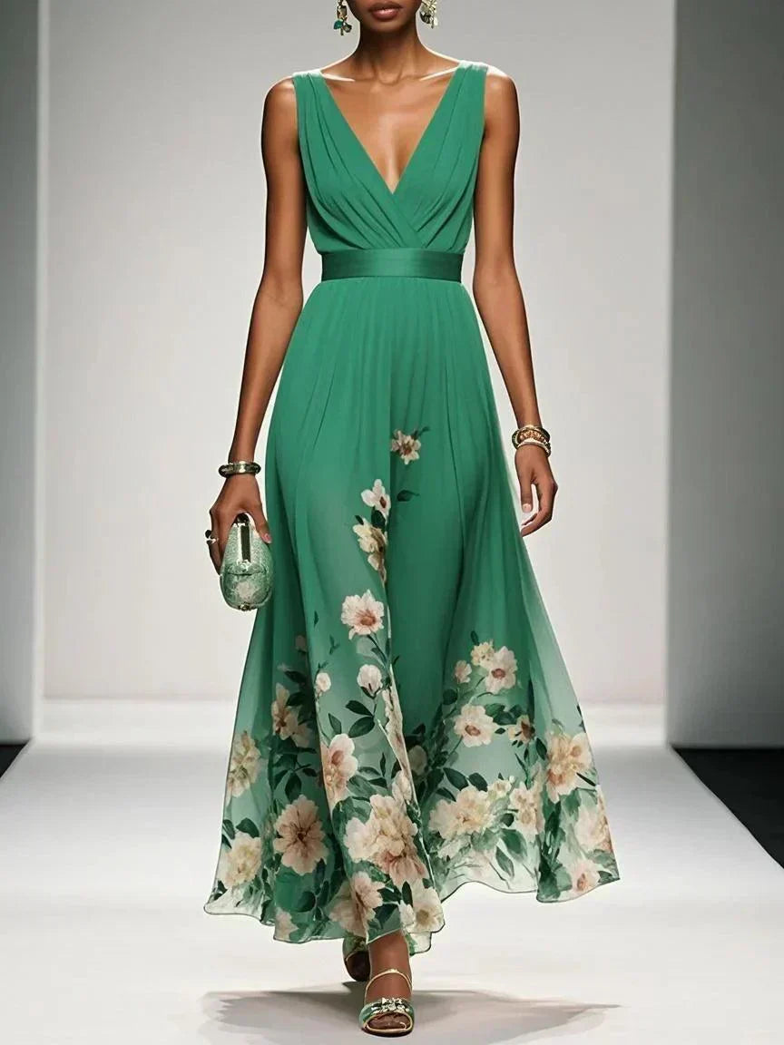 Paula | Hellblaues Chiffon-Maxikleid mit Blumenmuster und V-Ausschnitt