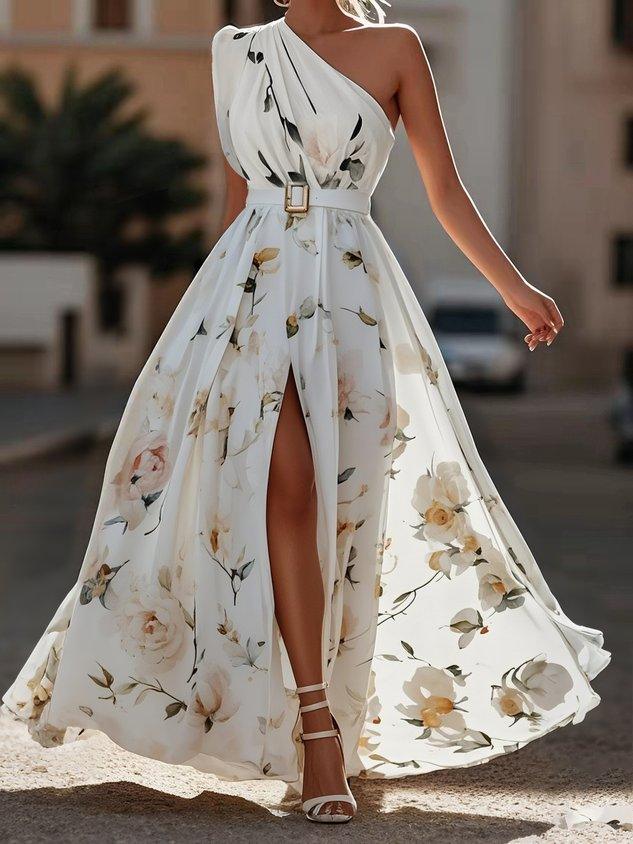 Amelie | Hellgrünes Maxikleid aus Chiffon mit floralem Muster und schulterfreien Design