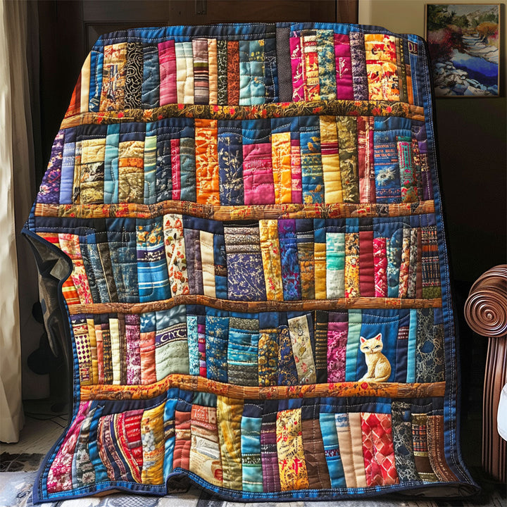 Steppdecke mit buntem Bücherregal und Katze
