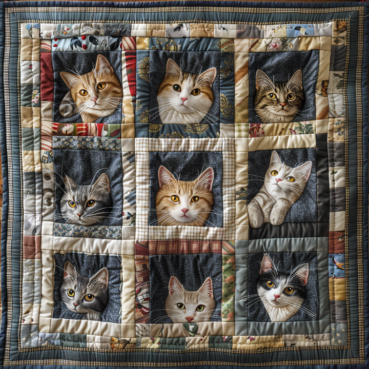 Patchwork-Steppdecke mit Katzengesichtern