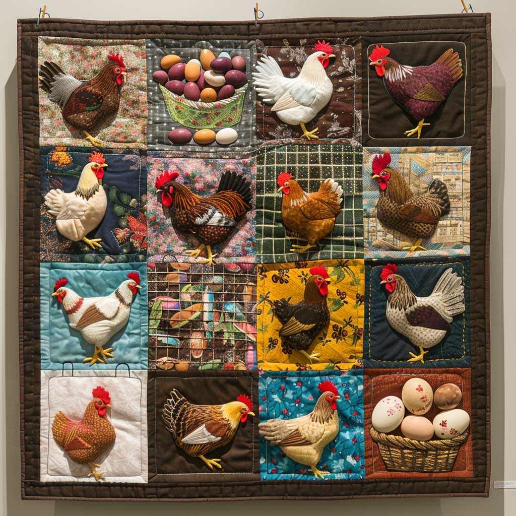 Patchwork-Steppdecke mit Hühnern und Eiern