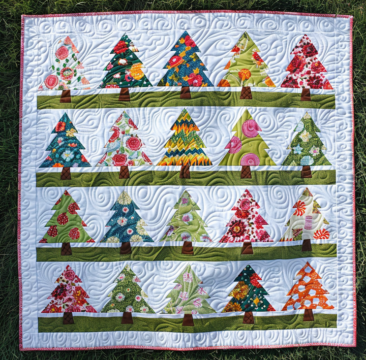 Weihnachts-Steppdecke mit bunten Tannenbäumen
